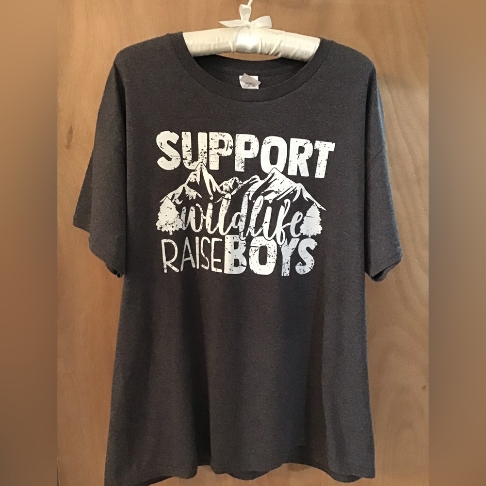 Women’s XL grey fleck “Support Wildlife Raise Boys” tee shirt